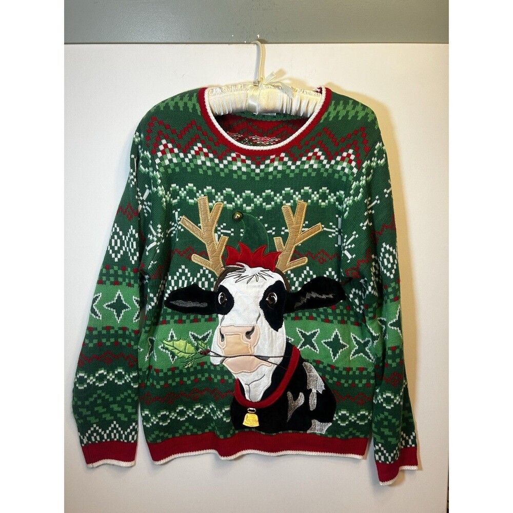 Holiday Time XL Ugly Christmas Sweater Cow Reindeer Bells Green Red Unisex Xmas - Picture 2 of 16